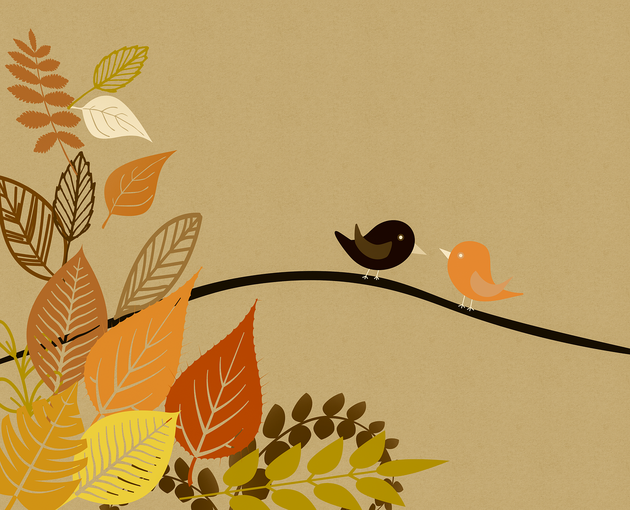 pattern, fall foliage, leaves, birds, branches, autumn, nature, wallpaper
